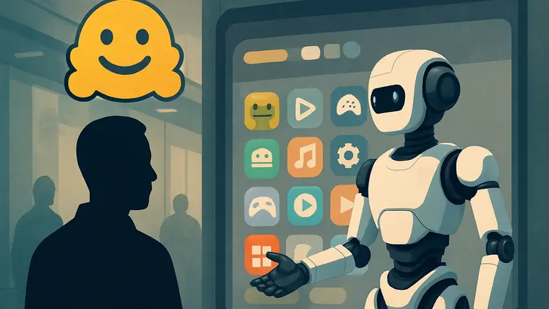 Логотип Hugging Face и изображение робота Reachy Mini с интерфейсом магазина приложений