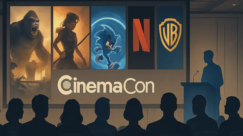 Постеры к фильмам и сиквелам, логотипы Netflix и Warner Bros., конференция CinemaCon.