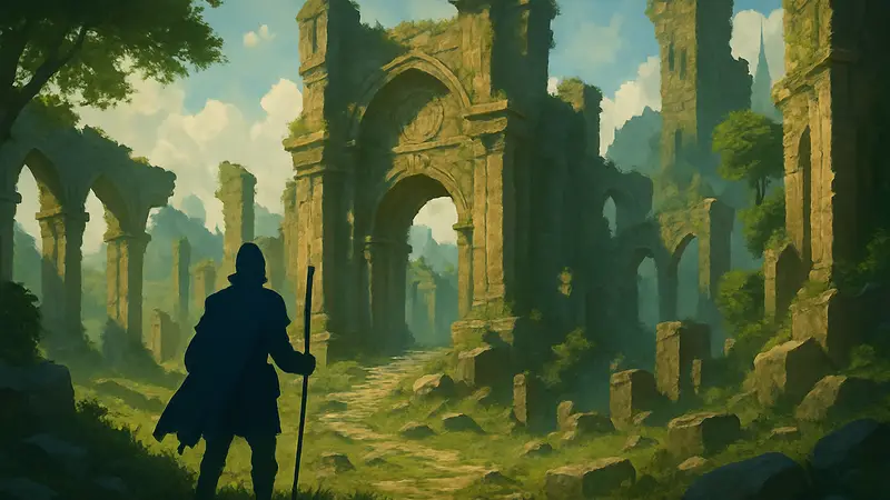 Изображение фэнтезийного мира из забытой RPG, герой исследует древние руины и тайны.