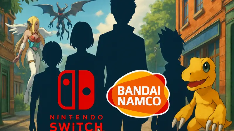 Изображение персонажей из Digimon Story Time Stranger с логотипами Nintendo Switch и Bandai Namco.