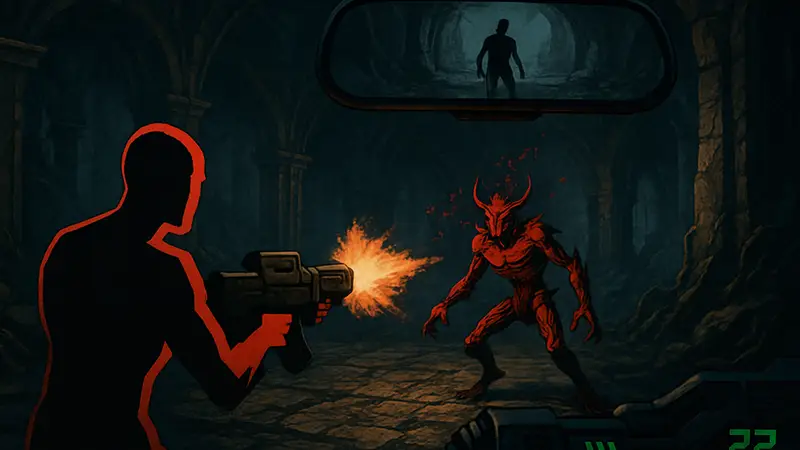Скриншот из игры Hellscreen с интерфейсом и зеркалом заднего вида во время боя