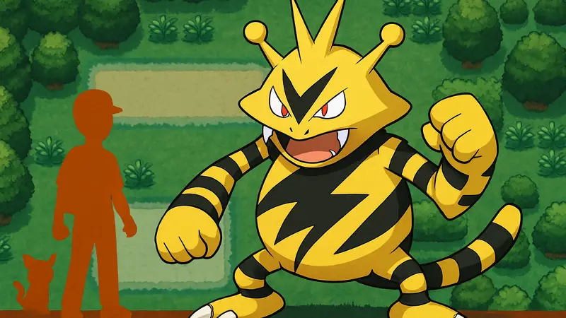 Электрический покемон Электабазз на фоне скриншота из игры Pokemon FireRed или LeafGreen.