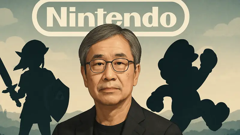 Портрет Такаси Тэдзуки на фоне логотипа Nintendo и персонажей Zelda/Mario, символизирующий его вклад