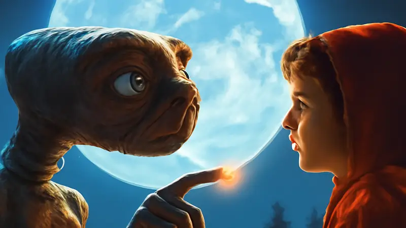 Кадр из фильма "E.T. Инопланетянин", показывающий инопланетянина и мальчика, символизирующий интересные факты о создании фильма.