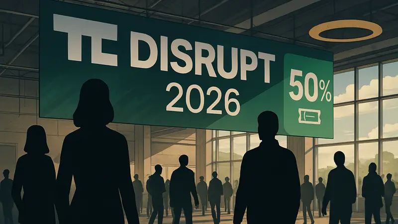Логотип TechCrunch Disrupt 2026, баннер с информацией о скидке на билеты конференции.