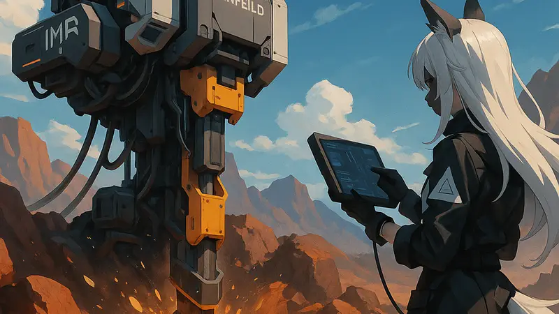 Изображение буровой установки Ferrium Mining Rig в игре Arknights Endfield, демонстрирующей процесс добычи руды.