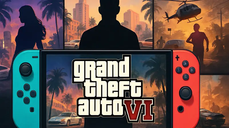 Логотип GTA VI на фоне контроллеров Nintendo Switch 2 и концепт-артов из игры.