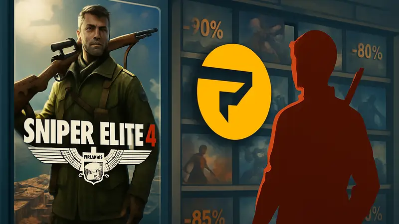 Обложка игры Sniper Elite 4 и логотип Fanatical на фоне игрового бандла со скидками.