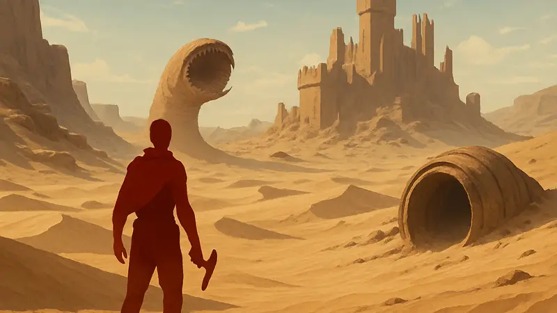 Обложка или скриншот игры Lysward в жанре выживания на песчаной планете, напоминающей Дюну