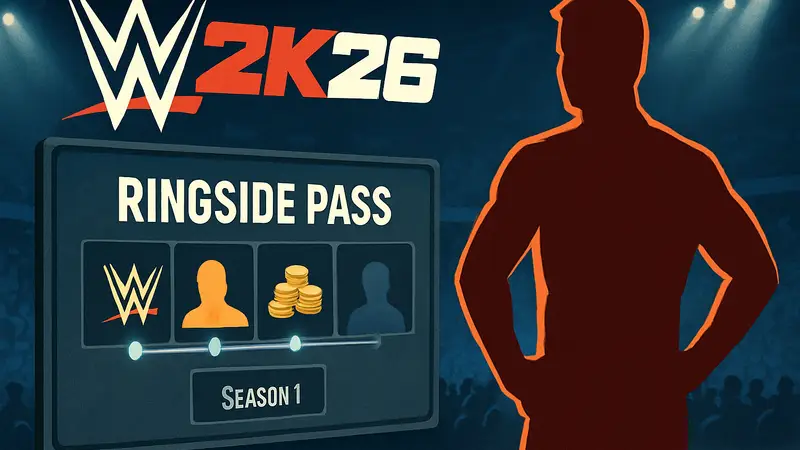 Логотип WWE 2K26 и изображение игрового меню с Ringside Pass.