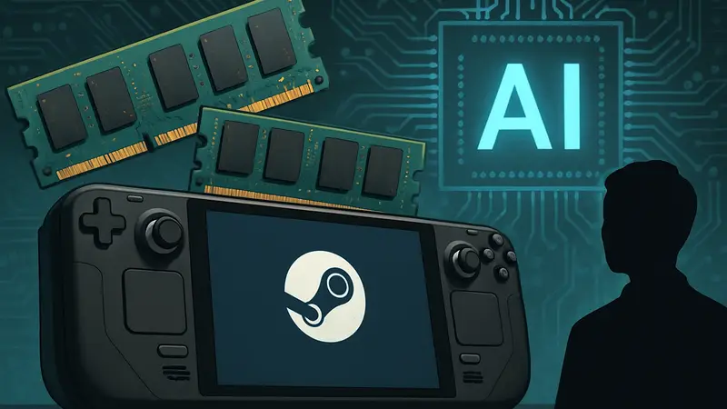 Портативная игровая консоль Steam Deck на фоне чипов оперативной памяти и символов искусственного интеллекта.
