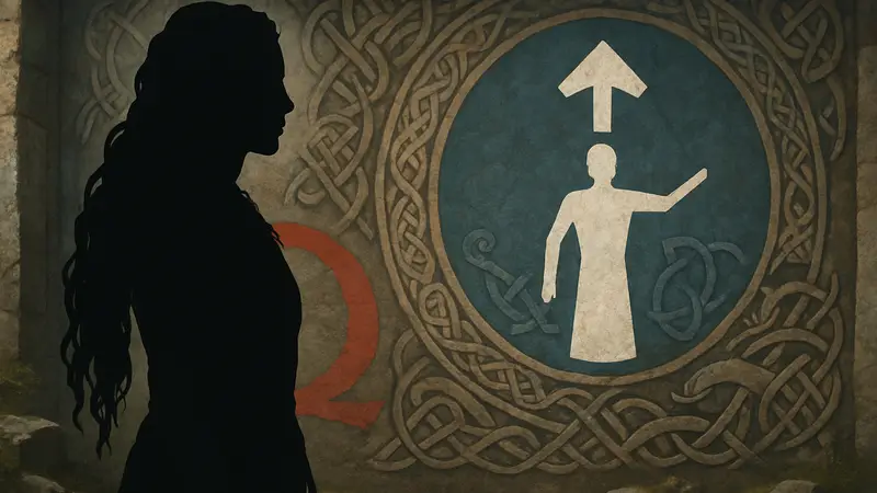 Лафей (Faye) из God of War на фоне скандинавских символов, намёк на Тира.