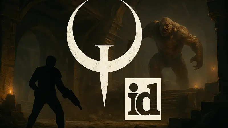 Логотип Quake и id Software на фоне шутера