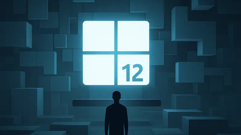 Логотип Windows 12 с элементами модульного дизайна и плавающего таскбара.