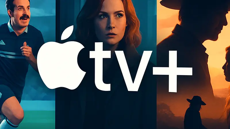 Логотип Apple TV+ на экране телевизора, демонстрирующем кадры из рекомендованных сериалов.