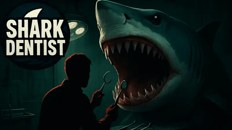 Логотип игры Shark Dentist, скриншот с акулой и инструментами дантиста, хоррор-игра, рогалик