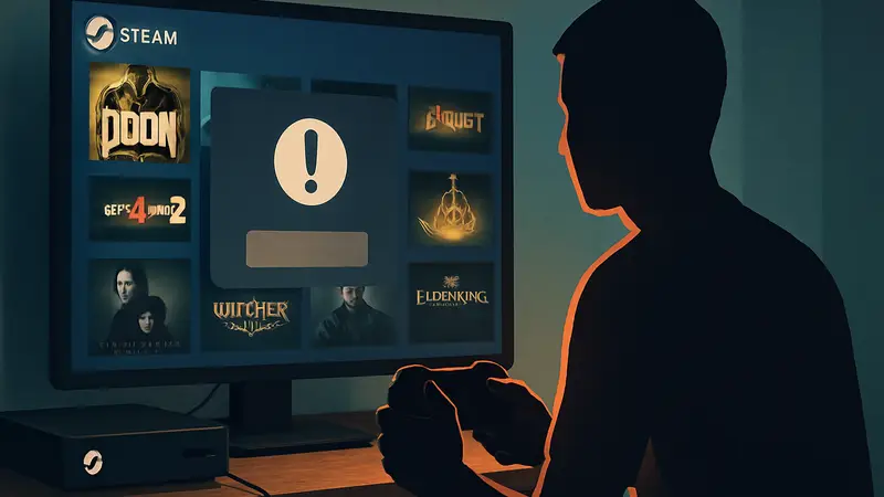 Игрок смотрит на экран Steam Machine, на котором отображается сообщение об ошибке запуска игры