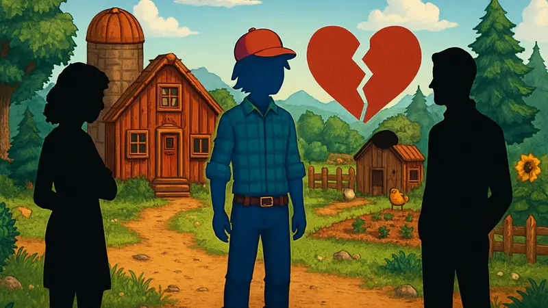Персонаж Stardew Valley, стоящий между двумя бывшими супругами, символизируя развод