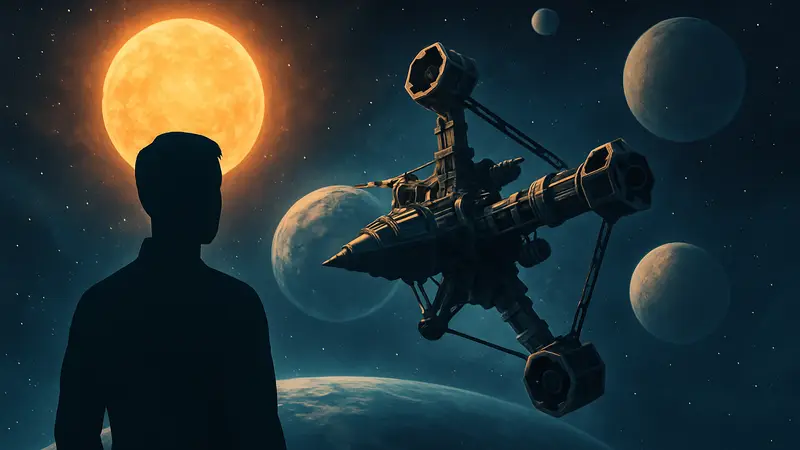 Обложка DLC The Broken Beyond для Besiege с космическим кораблем и планетами на фоне звезды.