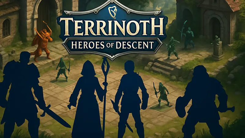 Terrinoth Heroes of Descent логотип, тактическая RPG, фэнтези и гра, скриншот геймплея.