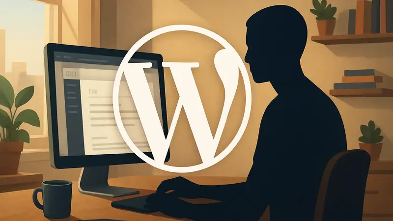 Логотип WordPress на фоне рабочего пространства с открытым браузером и текстовым редактором