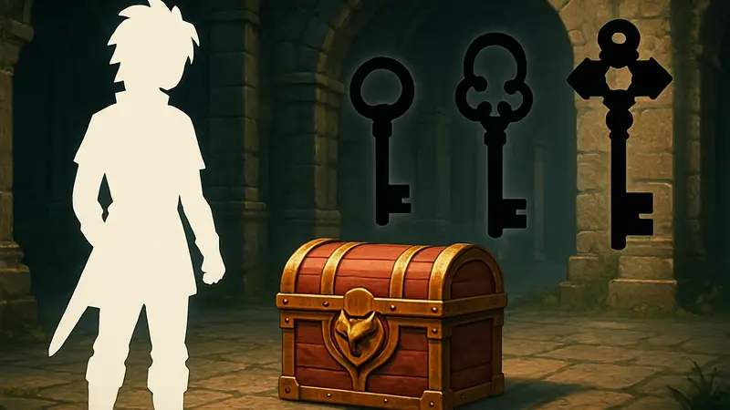 Изображение запертого сундука и трёх различных ключей в Dragon Quest VII Reimagined.
