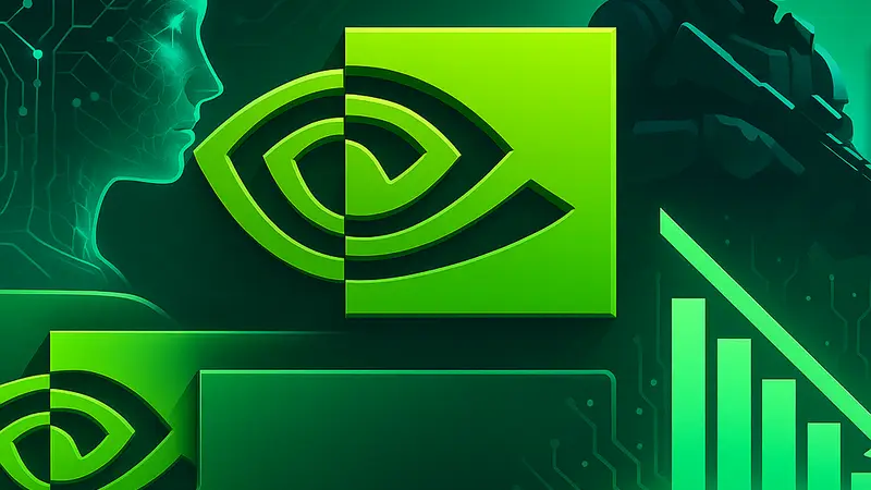 Логотип NVIDIA с элементами ИИ и игровой графики, символизирующий семикратное снижение VRAM в играх