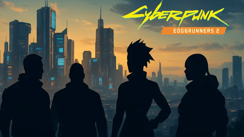 Cyberpunk 2077 персонажи и логотип Edgerunners 2 на фоне Найт-Сити.