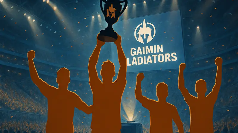 Команда Gaimin Gladiators празднует победу на киберспортивном турнире.