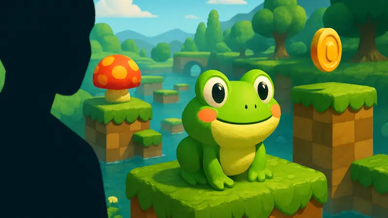 Скриншот из игры Bufo Jump, демонстрирующий яркую 3D графику и персонажа-лягушку.