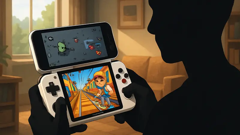 Портативная консоль Anbernic RG Rotate в руках геймера, на экране игры Brotato и Subway Surfers.