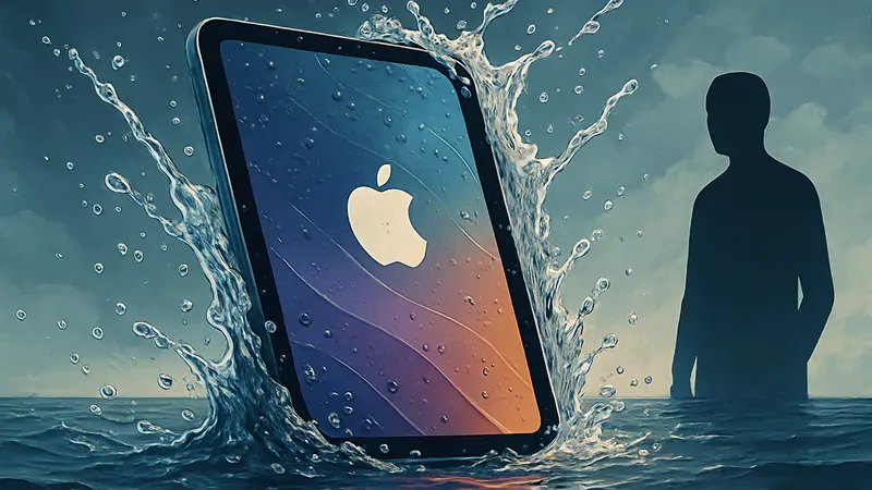 Стилизованное изображение iPad Mini в воде или рядом с брызгами, подчеркивающее его водонепроницаемость и новый дизайн.