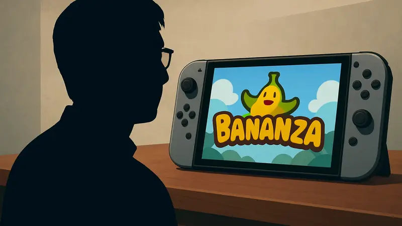Kenta Motokura, продюсер Donkey Kong Bananza, с логотипом игры на фоне Nintendo Switch 2.