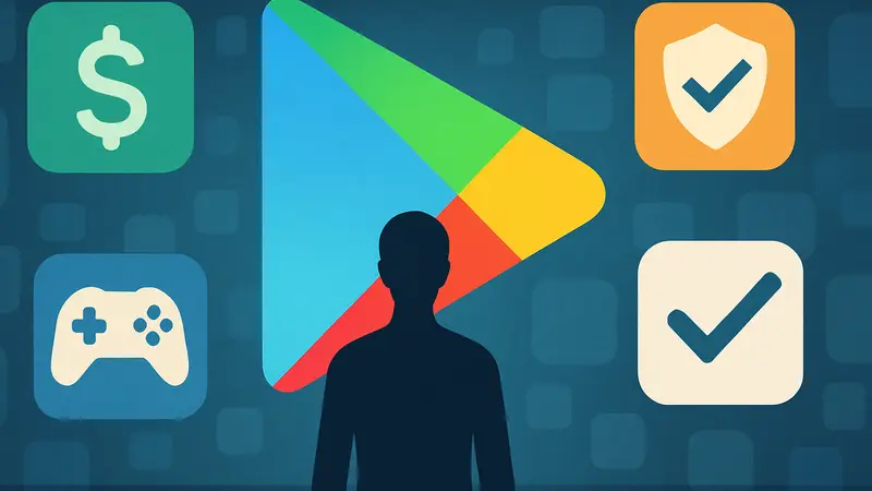 Логотип Google Play на фоне иконок приложений, символизирующих новые опции оплаты и верификации