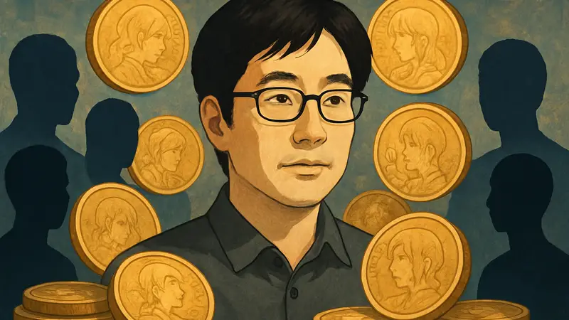 Портрет мангаки Шитэна Акиямы, окруженный стилизованными монетами, символизирующими поддержку поклонников.