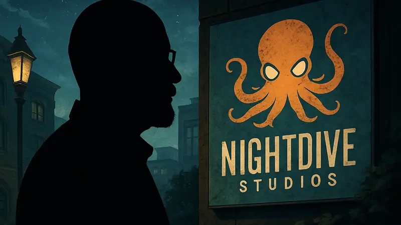 Ларри Куперман, ветеран игровой индустрии, на фоне логотипа Nightdive Studios.