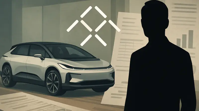 Логотип Faraday Future на фоне автомобиля или финансовых документов, символизирующий бизнес-новости.