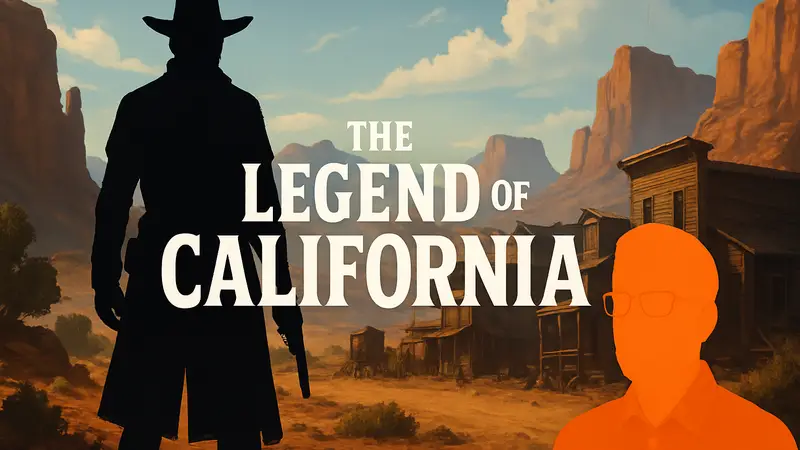 Арт или логотип игры The Legend of California, на фоне Дикого Запада, с упоминанием Джеффа Каплана.