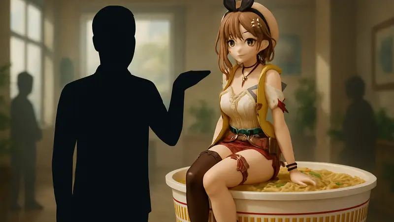 Большая фигурка Рейзалин из Atelier Ryza 2 на фоне чашки с лапшой, демонстрирующая размер