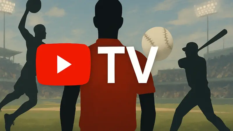 Логотип YouTube TV с элементами спортивной тематики, символизирующий новые пакеты подписок.