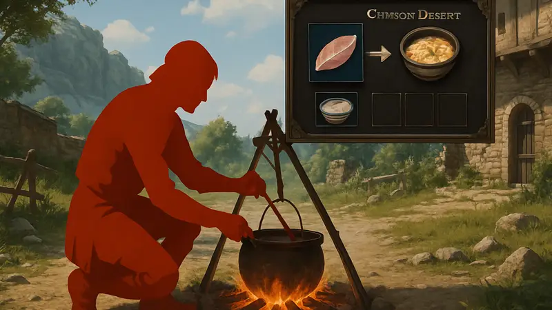 Персонаж Crimson Desert готовит рыбную кашу у костра, показан интерфейс крафта.