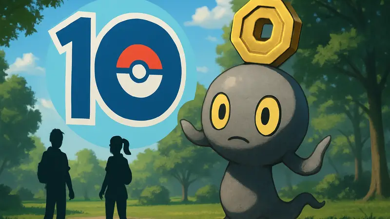 Редкий Gimmighoul в Pokemon GO на фоне праздничного логотипа 10-летия