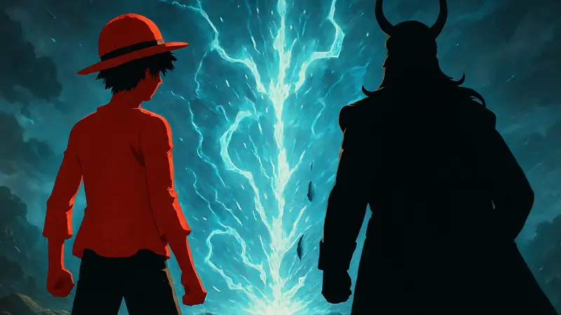 Луффи из One Piece и Локи, стоящие на фоне эффектов магической атаки Доми Реверси.