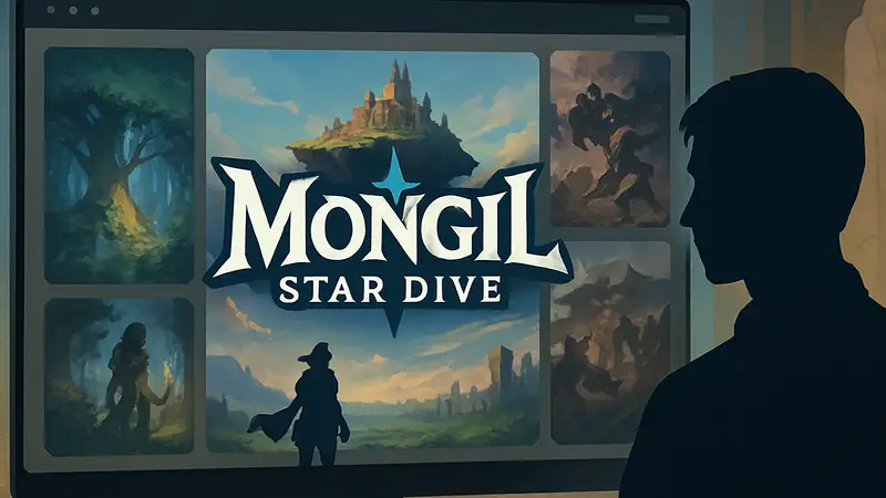 Логотип Mongil: Star Dive на фоне интерфейса нового веб-сайта с элементами лора.