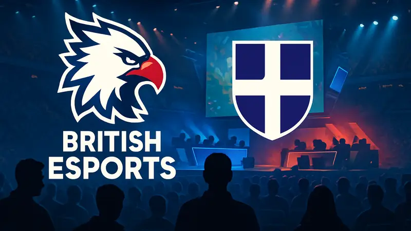 Логотипы British Esports и Loughborough University на фоне киберспортивного мероприятия
