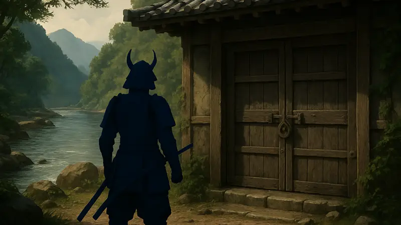 Игрок в броне самурая стоит перед запертой дверью у реки в игре Nioh.