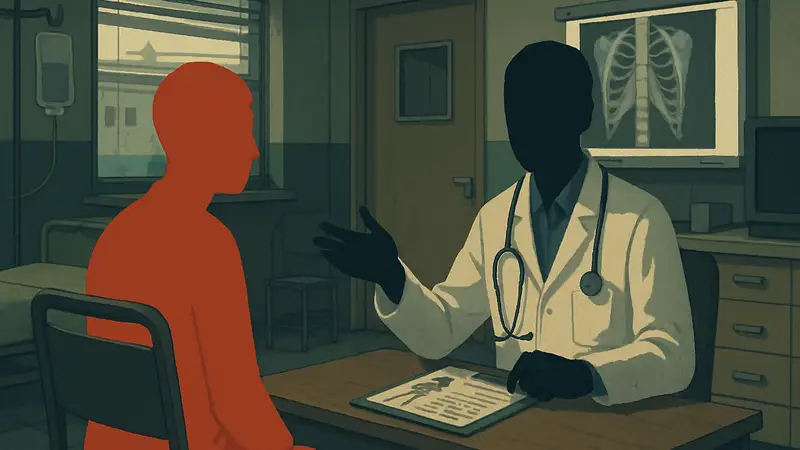 Концепт-арт или скриншот медицинской симуляции в стиле Papers, Please.