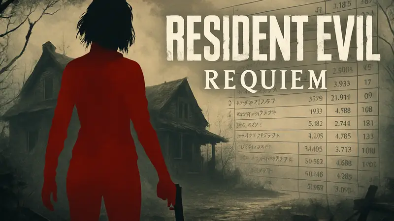 Обложка или ключевой арт Resident Evil Requiem с фоном японских чартов продаж Famitsu.