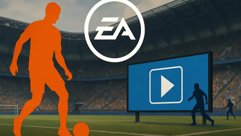 Логотип EA и внутриигровая реклама в спортивной игре, показывающая новый рекламный сервис.