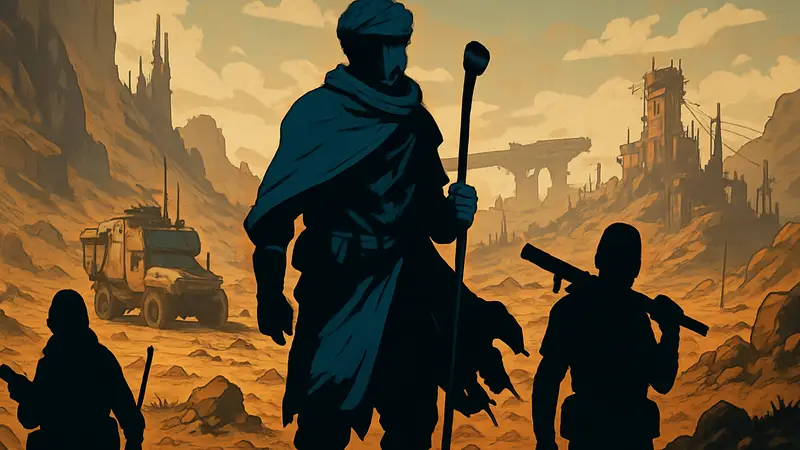Обложка игры Nowhere Prophet с постапокалиптическим пейзажем и персонажами в стиле комиксов